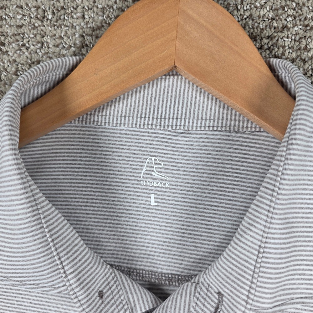 Rhoback Mens Large Performance Polo Shirt Gray White Striped Short Sleeve Golf - Picture 3 of 10